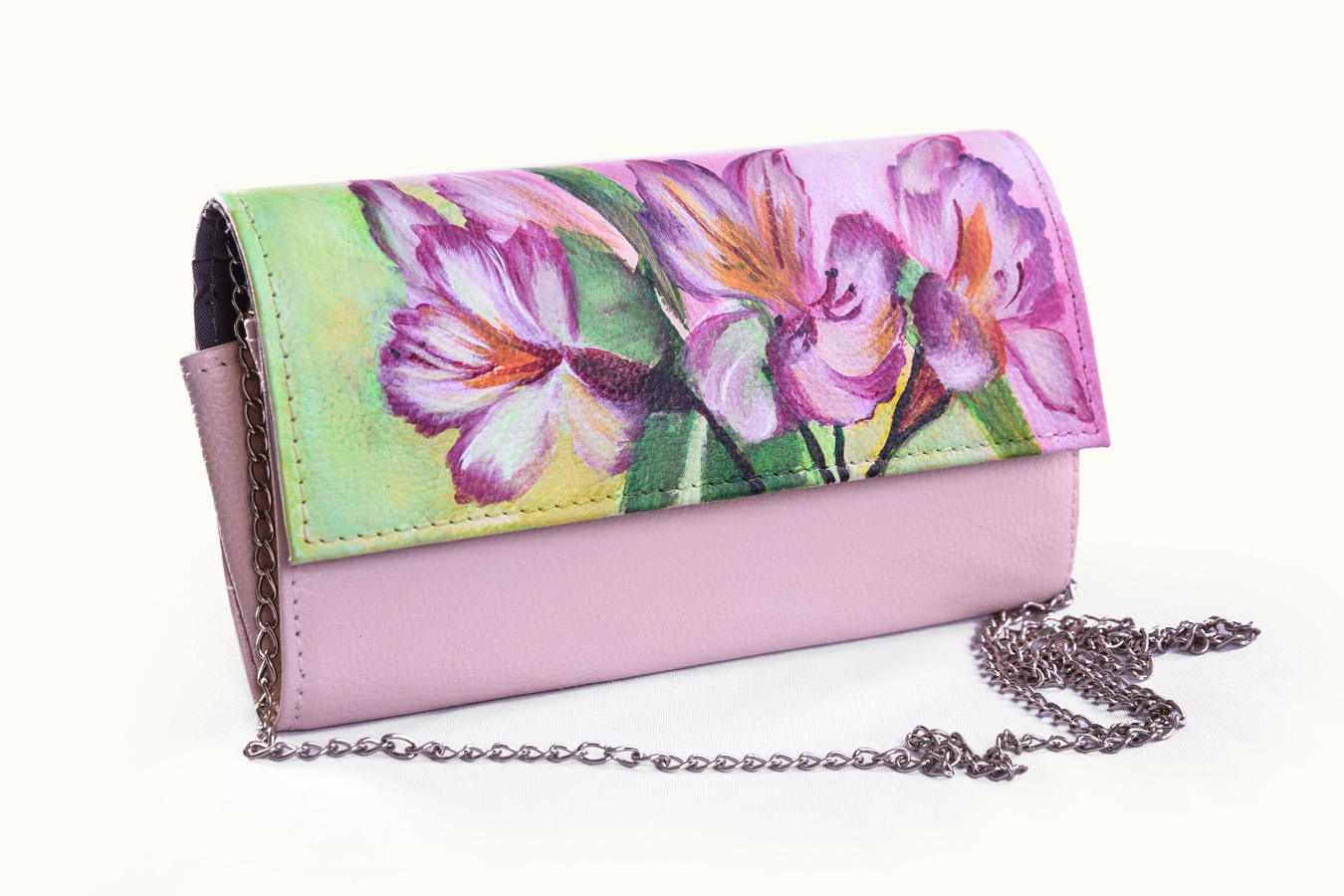 Pink tulip hand-painted clutch