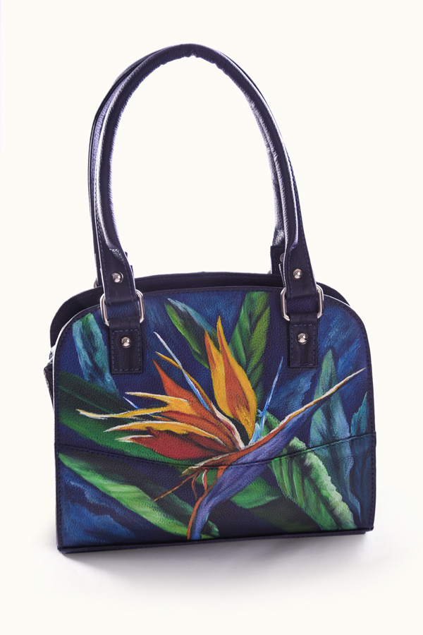 Blue hand-painted bird of paradise handbag