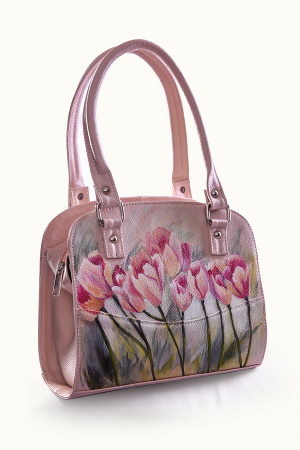 Blush handbag with hand-painted tulips