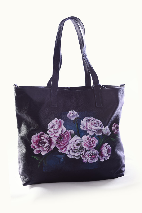 Black tote with hand-painted roses