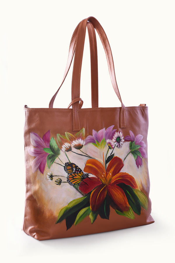 Tan tote with hand-painted bird of paradise